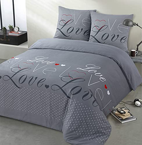 Vision - Parure de lit Flanelle - Love Gris - Housse de Couette 240 x 220cm avec 2 taies Assorties 65x65cm pour lit 2 Personnes - Flanelle: Doux et Chaude - Fibres Naturelles - Oekotex