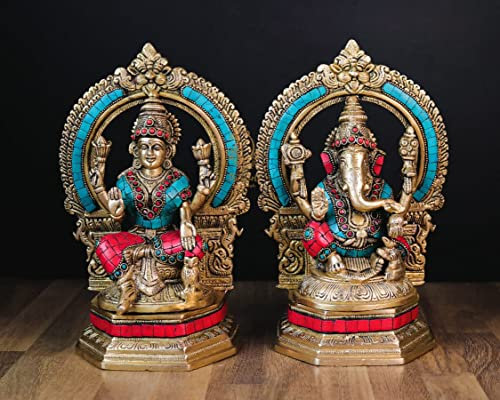 SHIVAJI ARTS Lakshmi Ganesha-Statue, Messing-Stein, mehrfarbig, 25 cm, 2 Stück