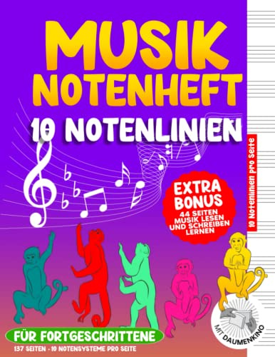 Notenheft für Kinder und Anfänger. 44 Seiten EXTRA BONUS. Noten lesen und schreiben lernen: Notenheft – große Notenlinien: für fortgeschrittene ... Notenpapier | Großer Spiele- und Aufgabenteil