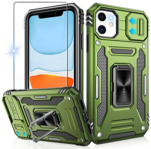 Jshru for iPhone 11 Phone Case with Slide Camera Cover [Upgrade],Military Grade Shockproof iPhone 11 Case with Ring Kickstand, Anti-Scratch Armour Phone Cover for iPhone 11 (6.1 inch),Green
