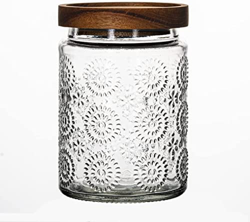 LAOJU Barattolo per alimenti in vetro da 700 ml, con coperchi in legno, ermetici in rilievo, barattolo da cucina