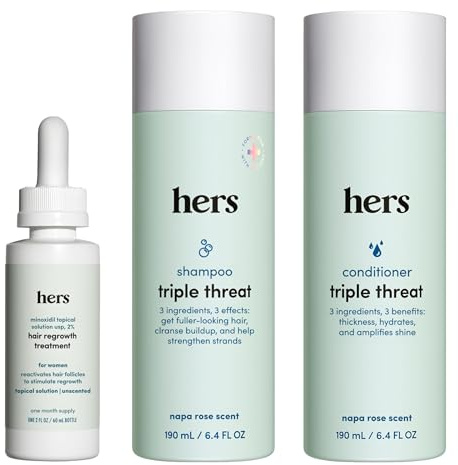 hers Triple Threat Shampoo, Conditioner, and 2% Minoxidil Set - Biotin, Saw Palmetto, & Pumpkin Seed Oil - Supports Hair Regrowth for Women - Color-Safe & Paraben-Free - Napa Rose Scent - 3 Count