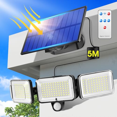 Solarlampen Für Außen, 224LED 2000lLM LED Solar Aussenleuchte mit Bewegungsmelder, 4 Modi + Fernbedienung Solarlampen für Außen mit Bewegungsmelder Solar Licht, IP65 Solarleuchte mit Bewegungsmelder