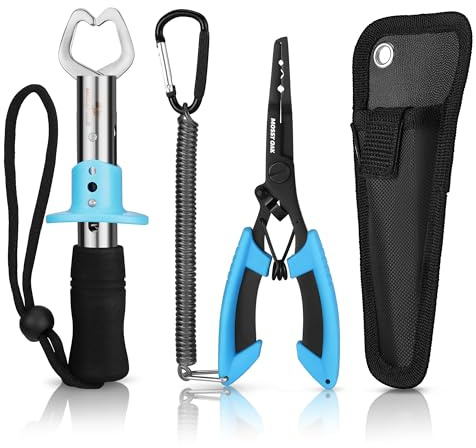 Mossy Oak 2Pcs Fishing Tools Kit- Fishing Plier, Fish Lip Gripper, Multifunctional Fishing Hook Remover with Lanyards Sheath, Saltwater Resistant Fishing Accessories & Equipment, Fishing Gifts for Men