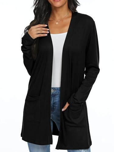 QIXING Womens Cardigans with Pocket Lightweight Long Sleeve Open Front Black Cardigans for Women UK Elegant Casual Ladies Boyfriends Cardigans for Spring Summer Autumn (Black, XXL)