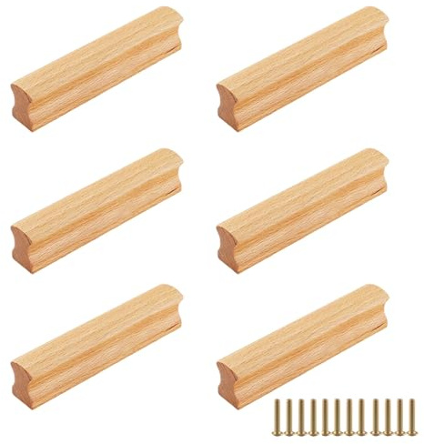 Möbelgriffe Holz, 6 Stück Schrankgriffe Mit Schrauben, Lochabstand 96 mm | Schubladengriff, Massiv Griffe, für küchenschränke, Möbel, Büro, Schubladen, Holzfarbe