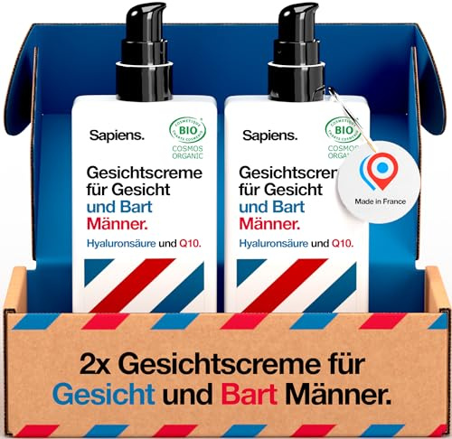 Sapiens Crème Hydratante Visage & Barbe Homme - Certifiée Bio, Fabriquée en France - Crème Hydratante à l'Acide Hyaluronique - Soin Visage Barbe Anti Ride, Anti Cerne - Tous Types de Peaux - 80 ml x2