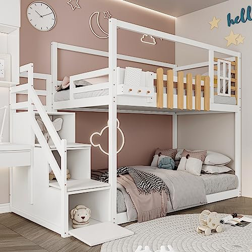 Azkoeesy Etagenbett mit Treppe und Lattenrost, für 2 Kinder und Jugendliche, 90 x 200 cm, Kinder-Hausbett mit Fenster, Fallschutz und Gitter, Weiß