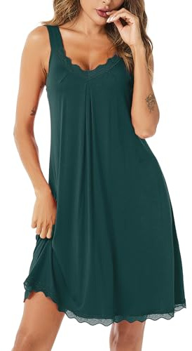 Uniexcosm Camisón de Mujer Algodon Camisones Mujer Sexy sin Manga Camisón con Tirantes Antideslizantes Cuello en V Ropa de Dormir Vestido Ligero y Suave para Hogar Verde Oscuro XL