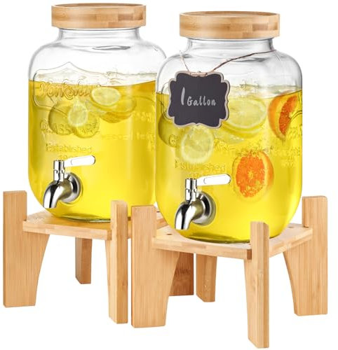 VEVOR Distributore per Bevande di Vetro, Dispenser per Bevande da 3,8 Litri, 2 Pezzi, con Supporto, Rubinetto Acciaio Inossidabile, Dispenser per Acqua per Succo, Tè Freddo, Ristoranti, Hotel, Feste