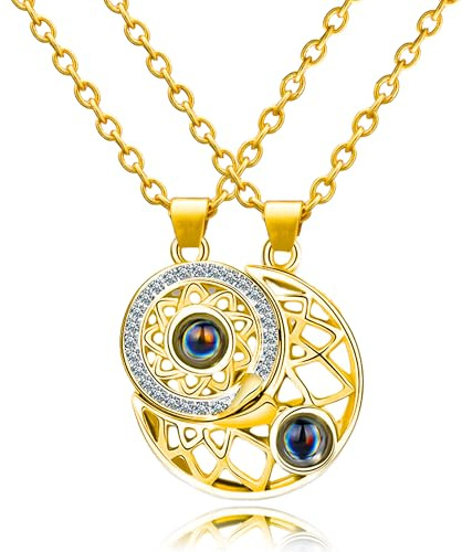 Pax Amare Freundschaftskette für 2 - Sonne & Mond Halskette - Gold | Magnetische Verbindung | 45cm + 5cm Verstellbar | 'Ich liebe dich' in 100 Sprachen