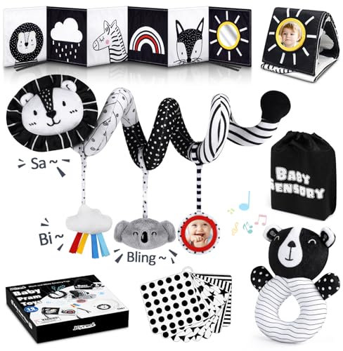 Joyreal Spiral Pram Toys for Babies - Black and White High Contrast Newborn Toy, Car Seat, Rattles, Sensory Cards, Baby Books 0-12 Months Gifts for Girls Boys