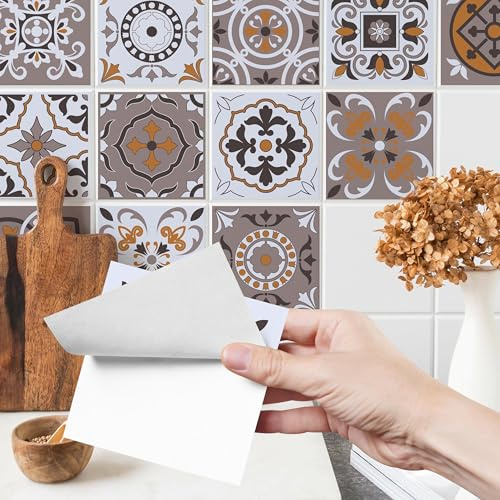 Muralo 24 Stück Fliesenaufkleber Braun marokkanisches Mosaik - 10x10 cm | Klebefliesen, Selbstklebende Fliesen, Mosaikfliesen - ideal für Küche, Bad und Flur, Küchenrückwand, einfach anzubringen