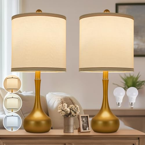 HELIJIA 23 Farmhouse Table Lamp Set of 2, Golden Metal Modern Bedside Lamps for Living Room, 3 Color Temperature Rustic Table Lamps for Bedroom, Night Stands, Dorm,Office, Home Décor (Bulb Included)