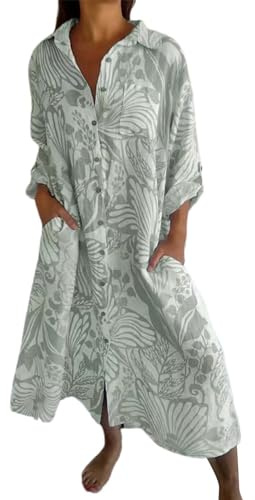 Frotteekleid Damen Damen Frühling Sommerkleider Boho Blumen Knopfleiste Urlaub Strand Fließendes Langes Kleid Bademantel Damen Bademantel Lang Damen Sauna (Mint Green, XXXXL)