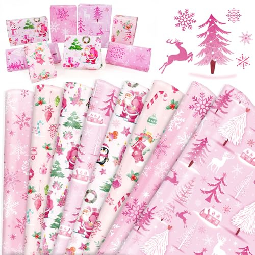 HOWAF 8 Fogli Carta Regalo Natale Rosa, Carta da Regalo Natalizia, Carta Regalo Natalizia, Carta da Regalo Natale, Babbo Natale Albero di Natale Carta Regali Natale per Imballaggio Regali di Natale