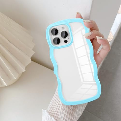 UEEBAI Case for iPhone 16 Pro Max 6.9, Clear Cute Pretty Colorful Wave Curly Frame Slim Fit Shockproof Phone Bumper Cover for Women Girl Soft Pretty Anti-Scratch Protective TPU Case - Sierra Blue