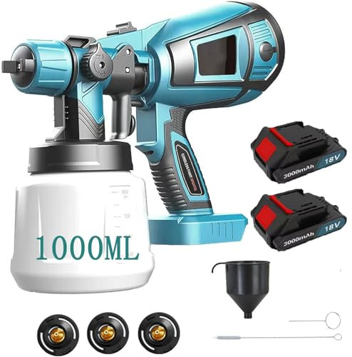 Akku Farbsprühsystem, Kompatibel mit Makita 18V Akkus, Elektro Lackierpistole mit 3 Düsen, 3 Spritzmuster,mit Abnehmbarem 1000ml-Farbeimer(2x3000mAh Akku und Ladegerät)