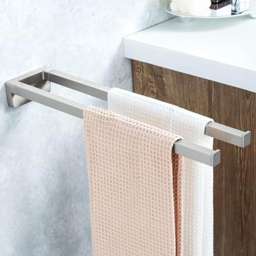 Auralum Handtuchhalter ohne Bohren/mit Bohren,2-in-1 Handtuchstange Edelstahl Kann 5 KG Tragen,Handtuchhalter Wand 42CM,Zweiarmig Handtuchhalter für Bad, Küche, Sauna - Chrom, Gebürstet