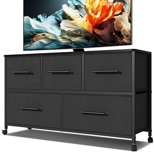 MYGIIVOVO Chest of Drawers, Dresser for Bedroom with 5 Fabric Drawers, TV Stand with 4 Castors, Storage Organizer Unit for Living Room Kids Room (Black)