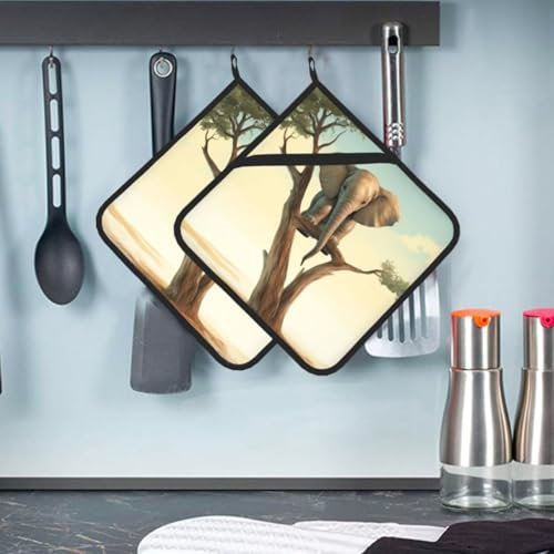 2 Pack Pot Holders for Kitchen Heat Resistant Pot Holder Set Oven Hot Pads with Pockets Water Proof Potholders Oven Mitts Little Elephant on Tree Cooking Potholder for Baking 8''x 8''