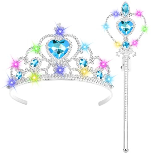 HOTUT Prinzessin Verkleiden,Prinzessin Zubehör Set,Eiskönigin Krone und Zauberstab mit Licht,Prinzessin Dress Up,Mädchen Dress up Zubehör für Party, Cosplay（Blau）