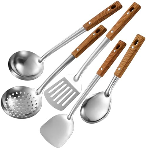 NPYQ Louche À Soupe avec Manche en Bois Cuillère À Riz Passoire Ustensiles Cuisine Spatules Wok en Acier Inoxydable Accessoires Cuisine 5 Pièces
