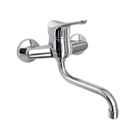 Yellowshop - Miscelatore lavello cucina rubinetteria lEIRA canna alta, doccetta estraibile, a muro, canna bassa in ottone cromato flessibile inox Made in Italy (Muro canna lunga)