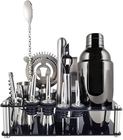 CQJJXKYC Cocteleras Mezclador de Acero Inoxidable Boston de 800/750/600/550ml, Herramientas para Barman, Juego de coctelera, Receta con Soporte para Vino Juego de Cocktail Shaker(13Pc-BB-550ml-B)