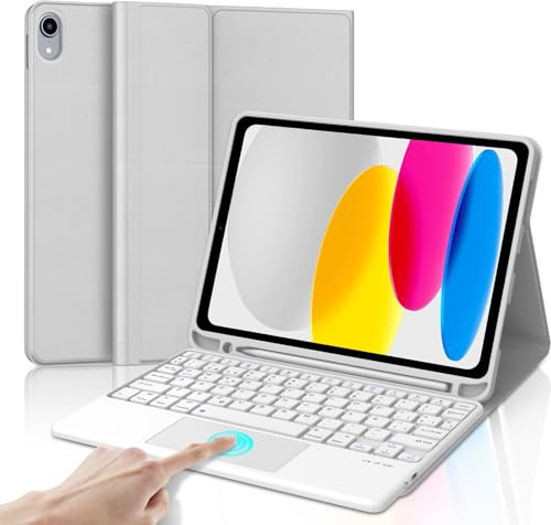 IVEOPPE Teclado iPad 10 Generación 2022/11 Generación A16 2025 (10.9/11 Pulgada), QWERTY Español Ñ, Touchpad Bluetooth Magnéticamente Funda Teclado para iPad 10/11 Gen, Gris Claro