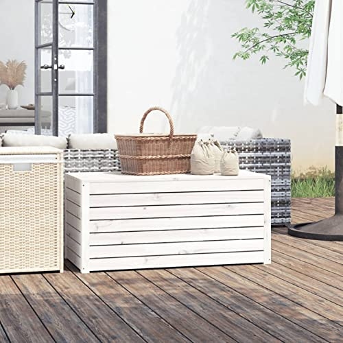 Gecheer Boîte de Jardin Blanc 101x50,5x46,5 cm Bois Massif de pin, Coffre de Rangement Exterieur Organisateur de Outils de Jardin, Coffre à Coussins pour Balcon, Piscine et Terrasse