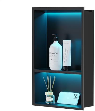 Neohomee Wandnische Dusche Edelstahl mit LED Beleuchtung RGB, Schwarze Doppel-Duschnische Lagerung mit Fernsteuerung Dimmbar für Badezimmer, Wohnzimmer 45 x 30 cm