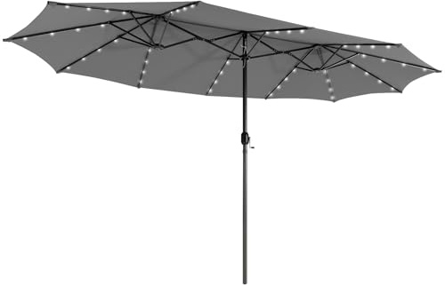 GYMAX Ombrellone Doppio da Giardino 470 x 280 CM, 48 Luci LED Solari, Extra-Large a Doppia Faccia con Manovella, Parasole da Esterno, Ideale per Patio Piscina Terrazzo (Grigio)