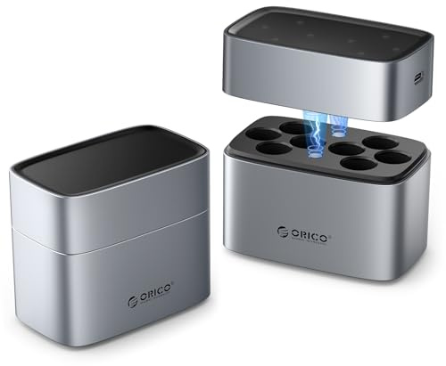 ORICO Lithium-Akku Ladegerät für AA, 8 Einzelne Steckplätze | Aluminiumlegierung, Wiederaufladbare Lithium-Akku, 2,5h Schnellladung, Batterie Nicht enthalten