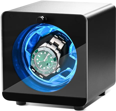 Cevale Single Watch Winder – Ultra Quiet ≈0dB Automatic Watch Winder for Rolex Omega, Aluminum Case with Blue LED Light,Self Winding Watch Box for Men