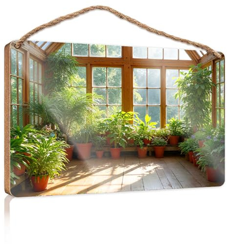 Home Door Hanging Sunlit Greenhouse: A Serene Indoor Garden Wooden Sign Back Yard Decorations Fall Porch Sign(15X28CM)