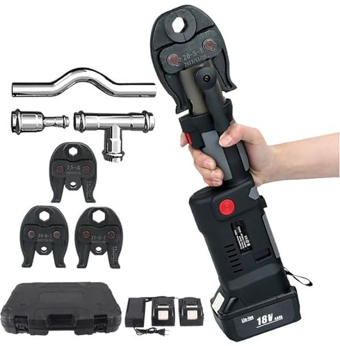 Pinza crimpatrice idraulica per tubi, portatile, in acciaio inossidabile, 3 ganasce, 2 batterie, senza fili, tempo di pressatura veloce del tubo: 3-4 secondi