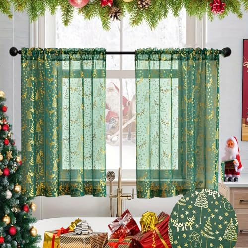 Weihnachtlicher Kurzer Transparenter Vorhang Für Die Küche, Weihnachtsgardinen Kurz Rot Leinenoptik Transparent ösenvorhang, 2er Set H 78 X B 63.5 Cm Mit Goldernem Muster Vorhang (Grün,B63.5*H63 CM)