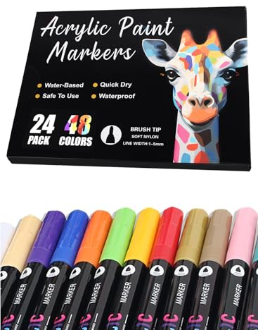 24 Acrylstifte Set, 48 Farben Acrylic Marker Doppelspitze Pinselspitze | Vielseitig einsetzbar | Starke Deckkraft | Farbecht | Wasserfest | Acrylmarker für Eier, Holz, Leinwand, Kunststoff, Glas