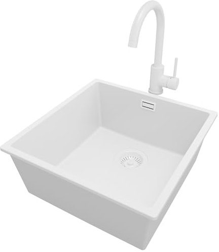 PRIMAGRAN Fregadero bajo Encimera al Mueble 50cm + Grifo, 46x47cm | Set: Grifo BW5010 + Kit de desagüe (sifón, válvula, rebosadero) + London 1 Seno Granito, Todo Blanco