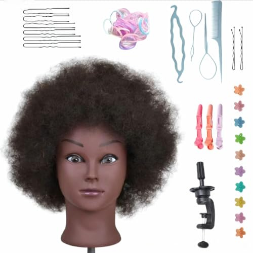 8'' Afro Mannequin Head With 100% Human Hair Training Head Manikin Cosmetology For Hairdresser With Clamp Stand (8 inches)