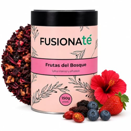 FUSIONATÉ Infusión Frutas del Bosque a Granel, Lata 150 g de Infusión Natural con Hibisco, Escaramujo, Pasas, Fresa y Arándano, sin Teína, Dulce, Afrutada y Antioxidante