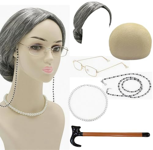 Kostüm-Set für Alte Dame, Oma Perücke Damen Old Lady Kostüm, Graues Oma-Perücken-Set mit Oma-Perücke - Komplettset Mit Grauer Lockenperücke, Brille, Perlenkette & Aufblasbarer Gehhilfe Karnevala