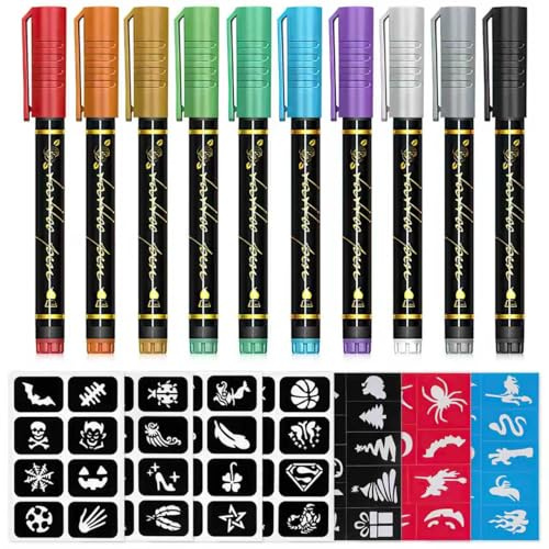 CEOTIS Kinder Glitzer Tattoo Stifte Set, 10 Stück Temporäre Tattoo Stifte mit 80 Schablonen, Hautfreundlich, für Fasching, Geburtstage und Party