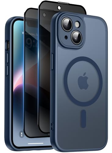 Qasyfanc for iPhone 14 Case, Privacy Screen Protectors X2, Blue | Compatible with MagSafe, Camera Protection, 15FT Military Drop Protection, Translucent Matte Shockproof Phone Cover