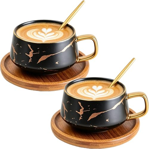 Xnqelerate Cappuccino Cups, 380ML Coffee Mug Marble Pattern with Cup and Saucer, Porcelain Coffee Cup Set, for Tea, Juice, Milk (2Pcs Black)