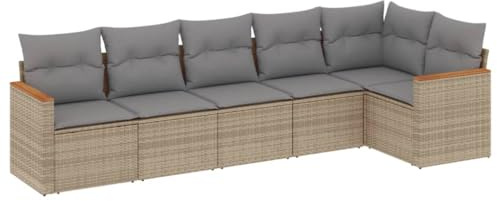 GeenYuu 6-TLG. Garten-Sofagarnitur mit Kissen Beige Poly Rattan, wetterfestes Lounge-Set mit Stauraum, pulverbeschichteter Stahlrahmen, ideal für Terrasse, Balkon und Garten