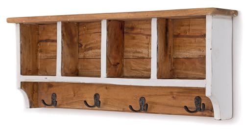 DESIGN DELIGHTS RUSTIKALE WANDGARDEROBE MIT Regal Vintage 70 | 70x27x11cm (BxHxT), Recyclingholz | Kleiderhaken, Garderobenleiste aus Altholz, Used-Look | Farbe: 06 weiß-Landhaus