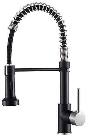 OWOFAN Low Lead Modern Single Handle Pull Down Sprayer Spring Kitchen Faucet, Brass Black&Brushed Nickel Kitchen Sink Faucets