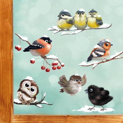 Wandtattoo Loft Fensterbilder Weihnachten mit winterlichen Vögeln – Wiederverwendbar – A4 Bogen, 6 Vogelmotive – Weihnachstdeko Fenster Kinderzimmer, Weihnachtsbilder Fenster, Fensterbild Winter